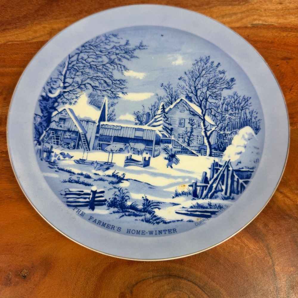 Currier & Ives The Farmers Home Winter Blue White Transferware Plate Japan
